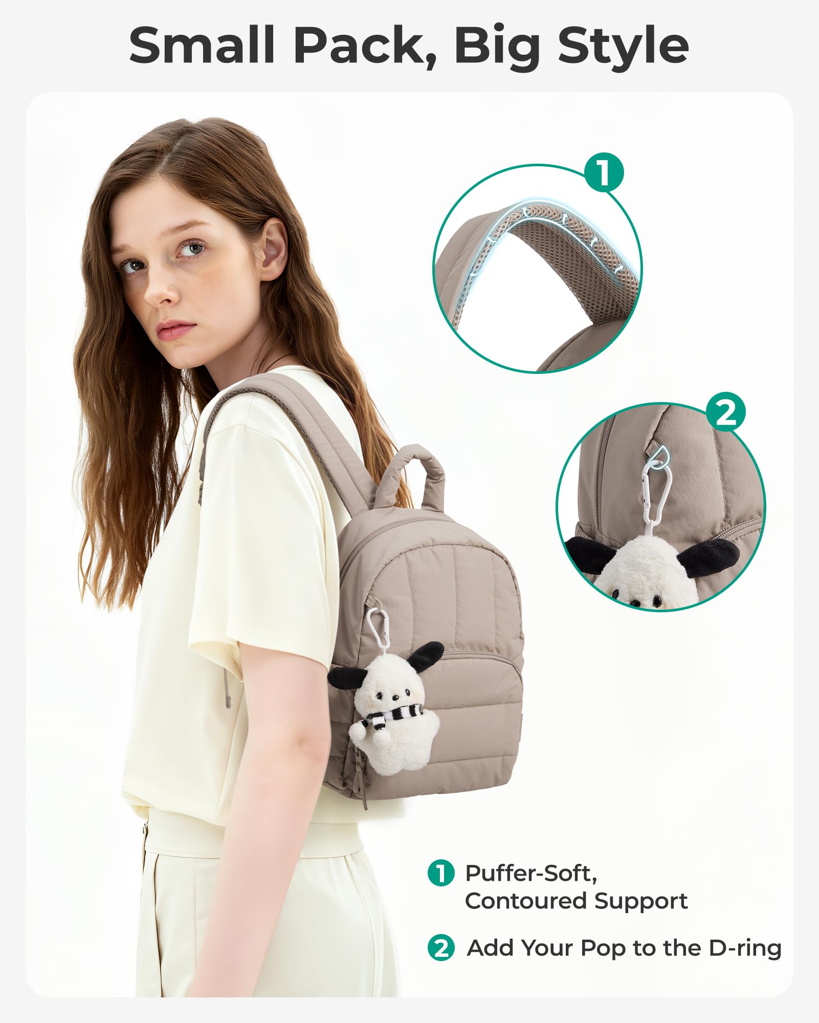 BAGSMART Rucksack Damen Klein, Leichte Puffer Cityrucksack Tagesrucksack Gesteppter Reiserucksack, Wasserdichter Mini Casual Daypack Backpack Schulrucksack für Freizeit Reisen Schule Arbeit Uni, Kamel