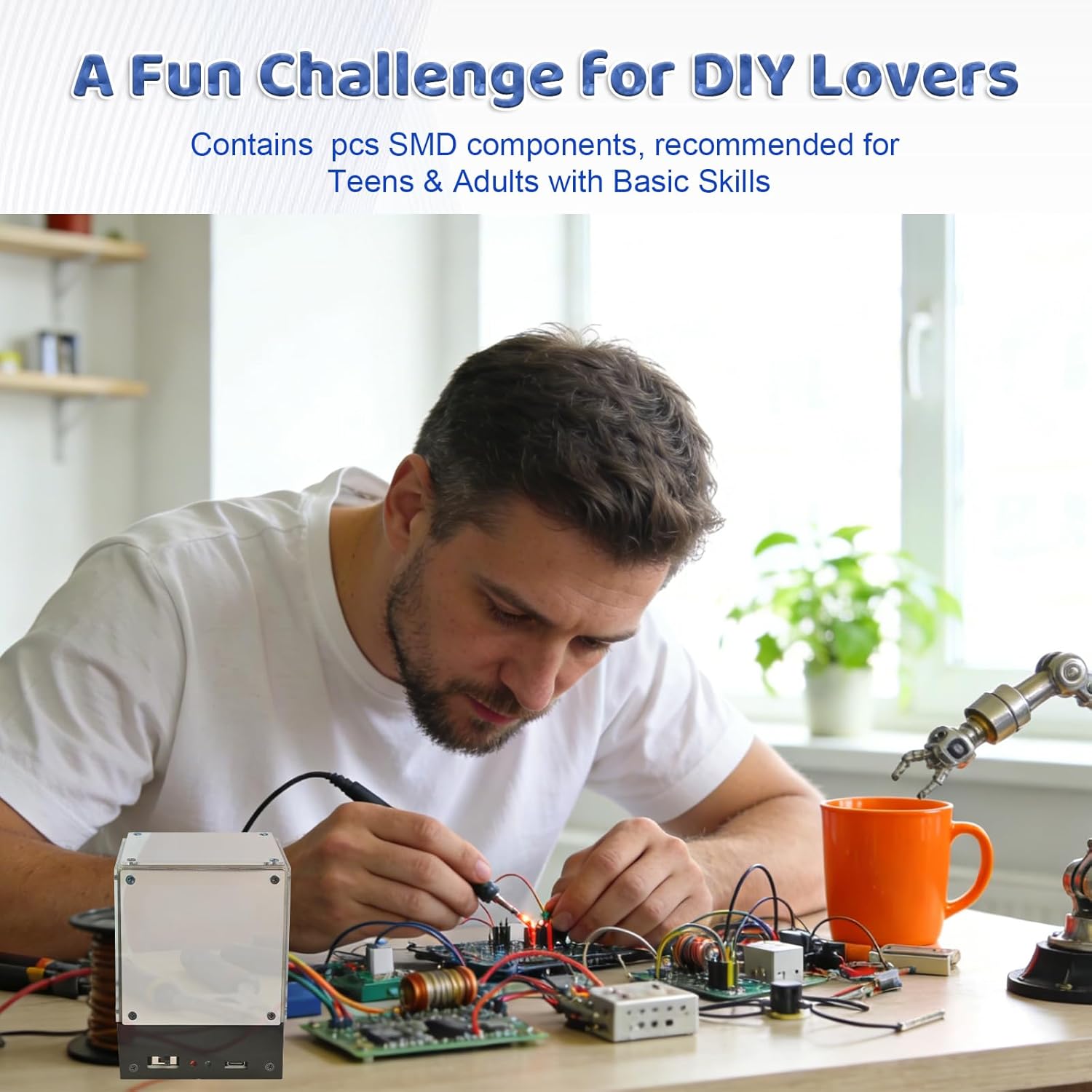 Person soldering components for the DIY Infinity Mirror Cube