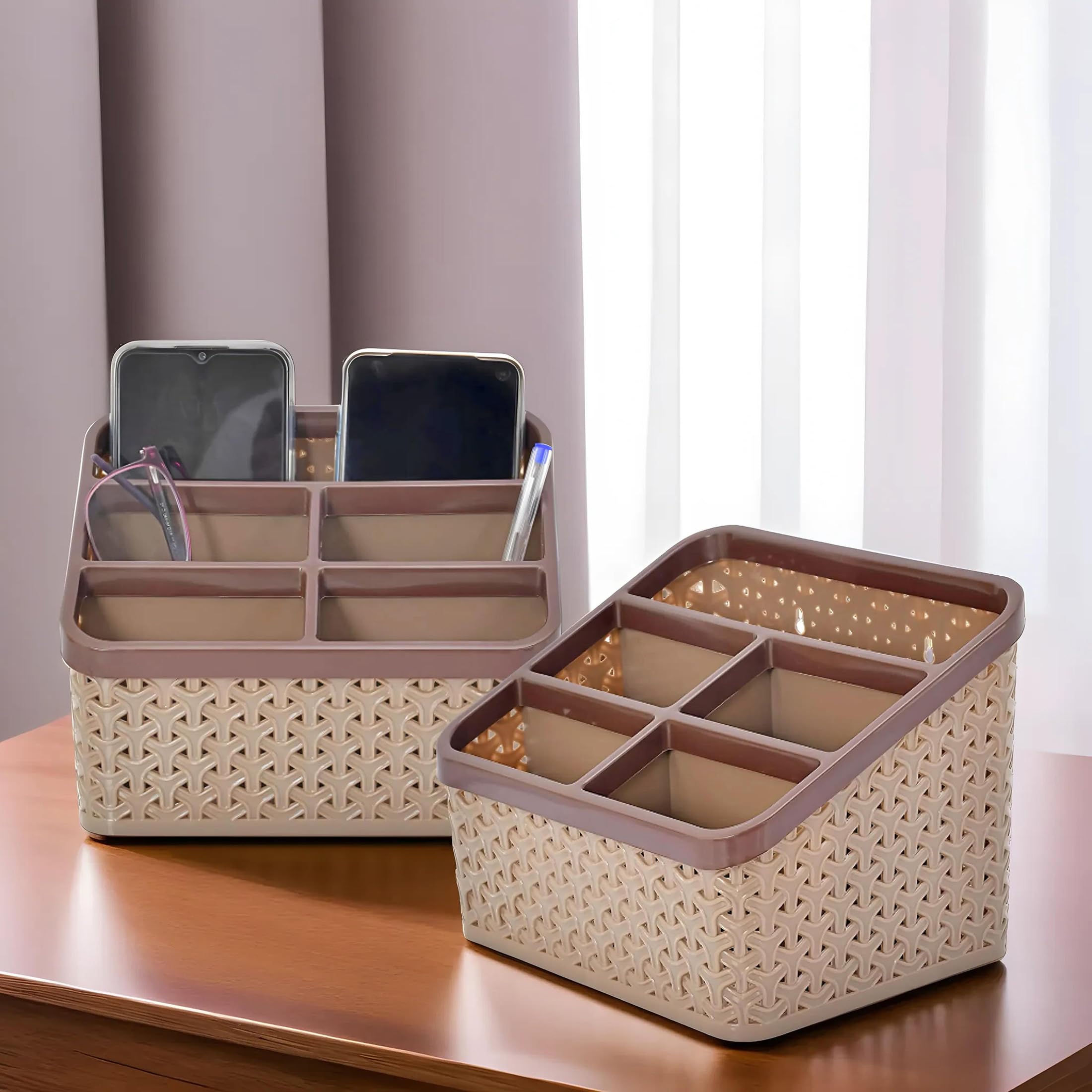 Kuber Industries Desk Organizer Box With 5 Compartment|Plastic Stationery Storage stand|Cutlery Stand | Bathroom Stand|Pack of 2 (Brown) (B0C58LPMPF) Amazon Price History, Amazon Price Tracker