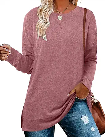 BETTE BOUTIK Women's Drop Long Sleeve Sweatshirts Casual Crewneck Tunic Tops Sweartshirts With Side Slits S-3XL