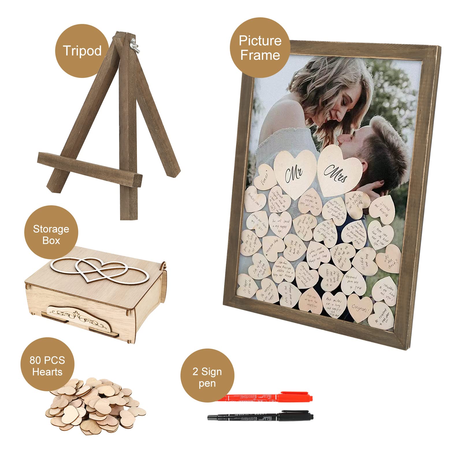 Libro de visitas de madera para boda, con marco de fotos, 100 corazones de madera para escribir, libro de invitados para bodas, cumpleaños y baby shower