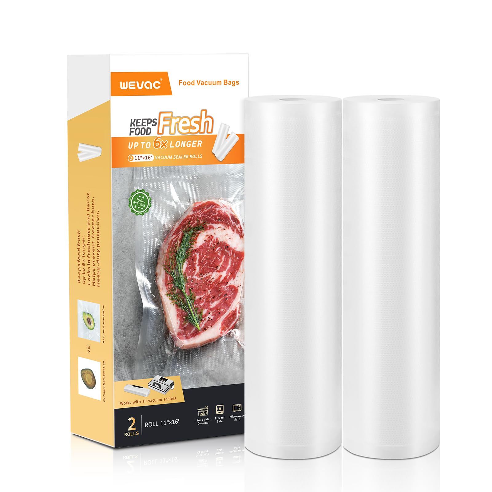 Wevac Vacuum Sealer Bag Rolls, 11"x16' (2 Rolls), Heavy Duty Food Storage for Sous Vide, Freezer, Meal Prep, Keep Food Fresh Longer