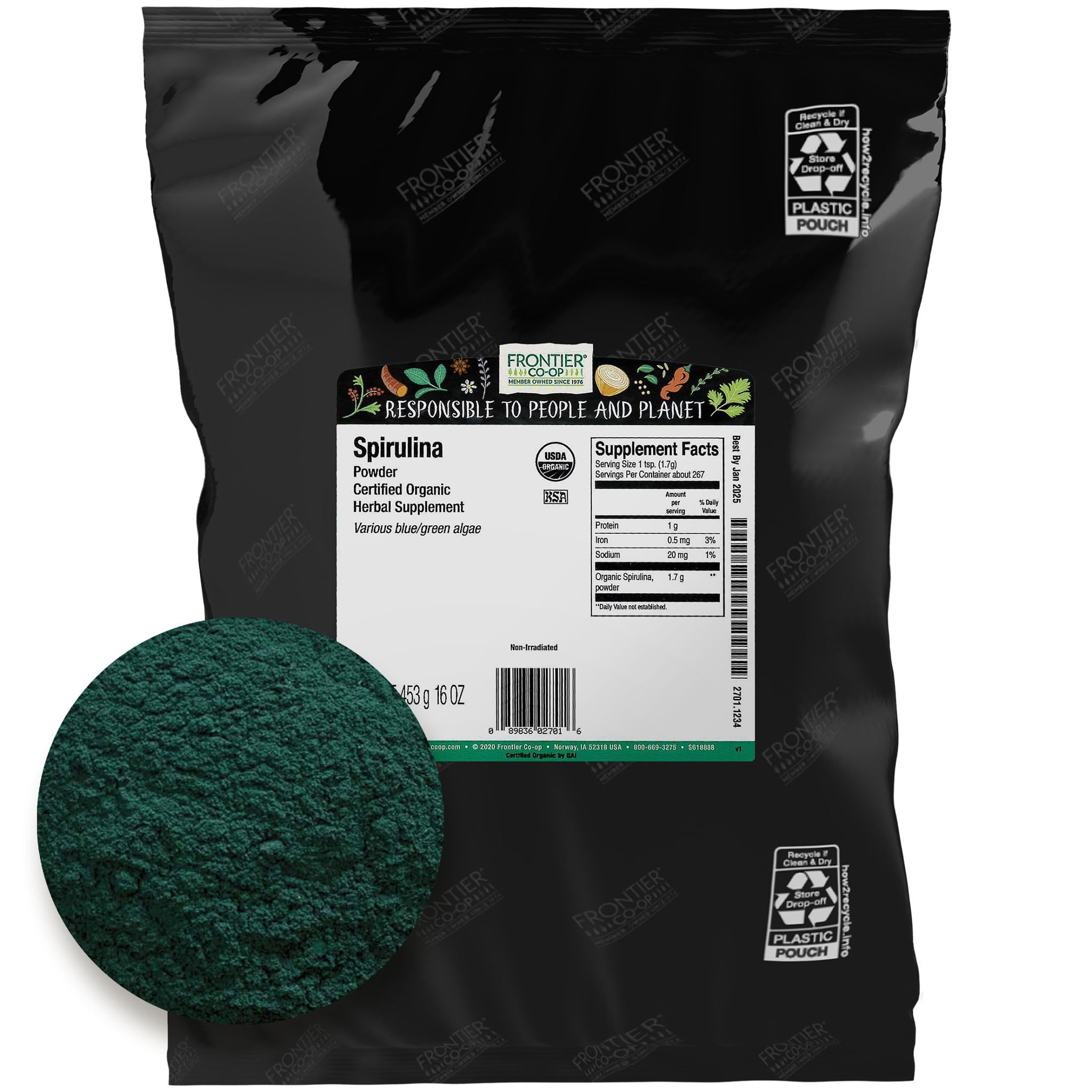Frontier Co-op Spirulina Powder, Certified Organic, Kosher, Non-Irradiated | 1 lb. Bulk Bag | Spirulina platensis Geitler