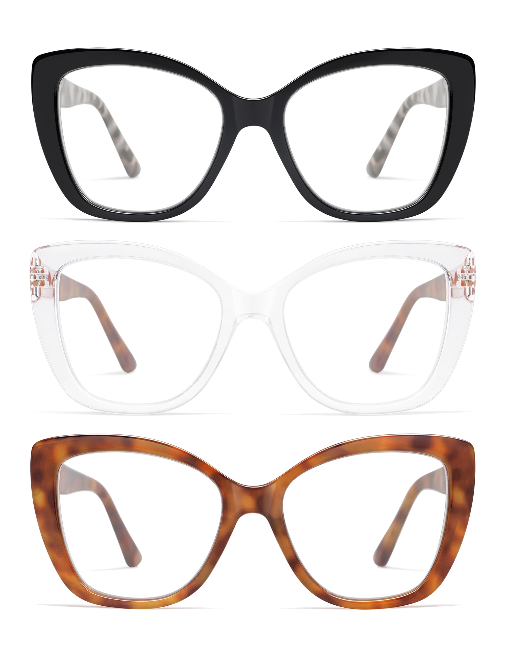 3-Pack Trendy Oversized Cat Eye Reading Glasses for Women Stylish Square Blue Light Blocking Readers AM6141 Mix (+3.00 Magnification Strength)