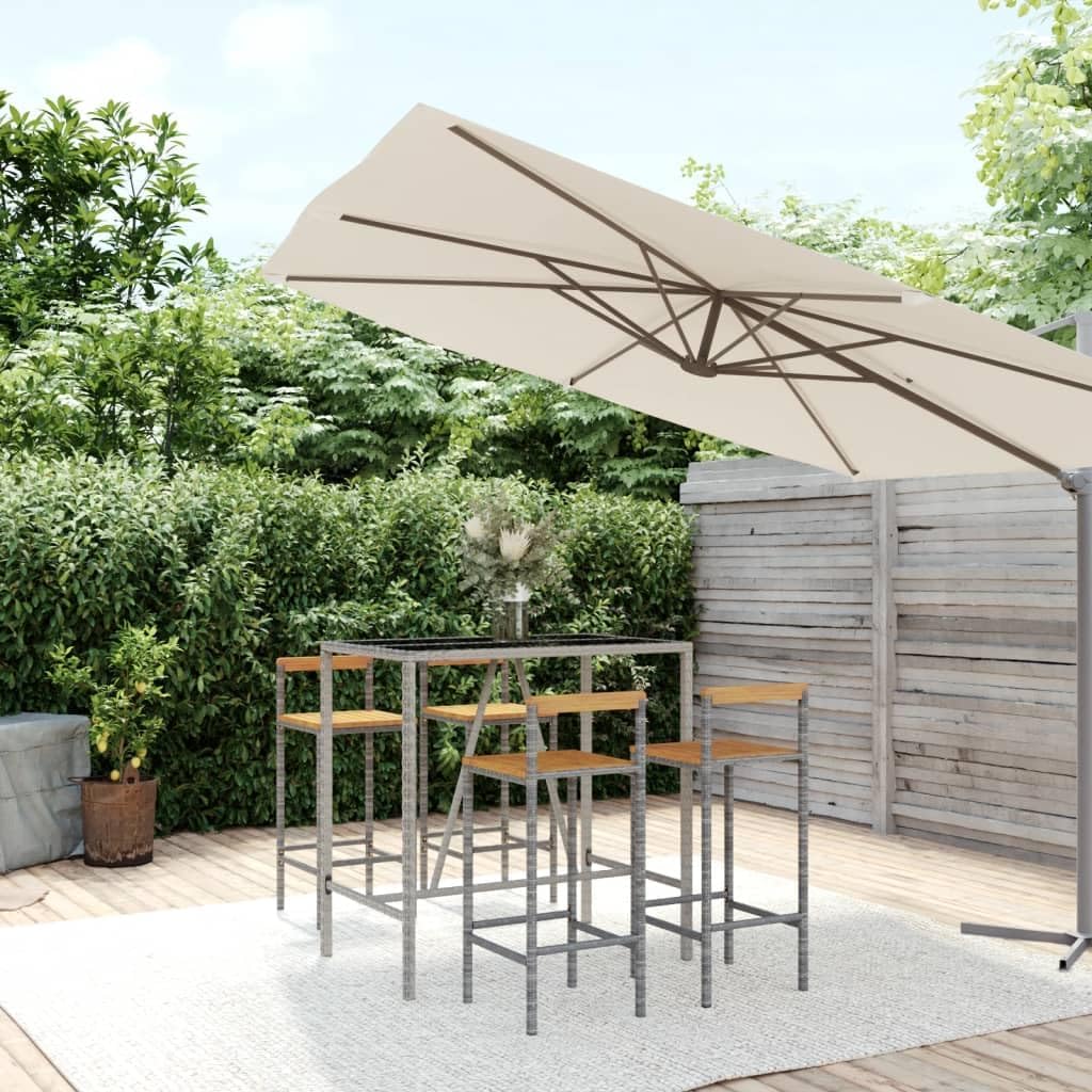 5 Piece Grey Poly Rattan and Solid Acacia Wood Garden Bar Set with Tempered Glass Tabletop and Powder-Coated Steel Frame for Outdoor Patio