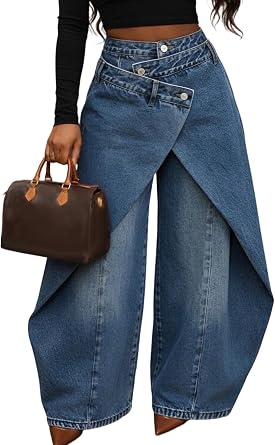 NRTHYE Women Cargo Jeans Asymmetrical Patchwork Denim Wide Leg Pants
