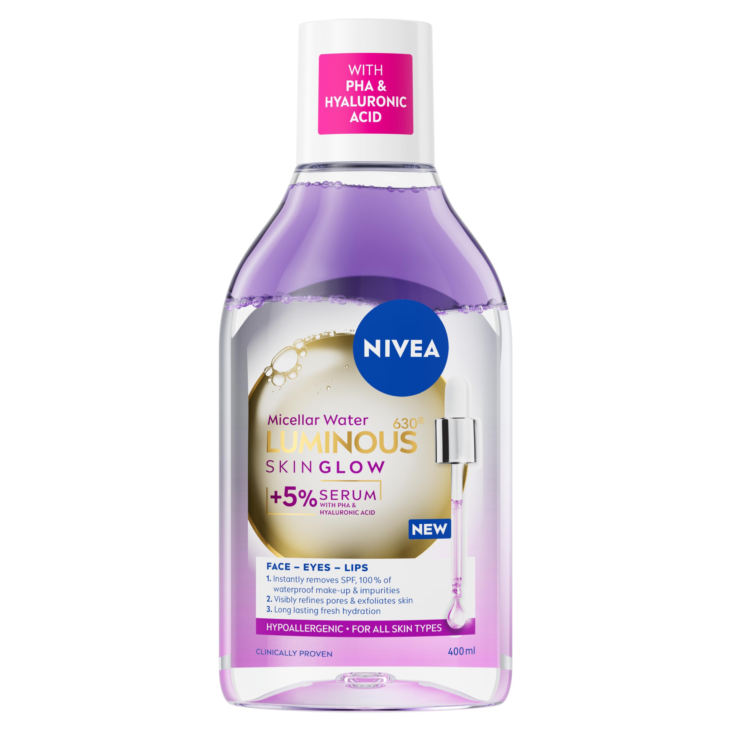 NIVEA LUMINOUS630 Skin Glow Serum Infused Micellar Water (400ml), Makeup Remover For Waterproof Makeup, Serum-Infused Face Cleanser For Glowing Skin, Exfoliates And Evens Complexion