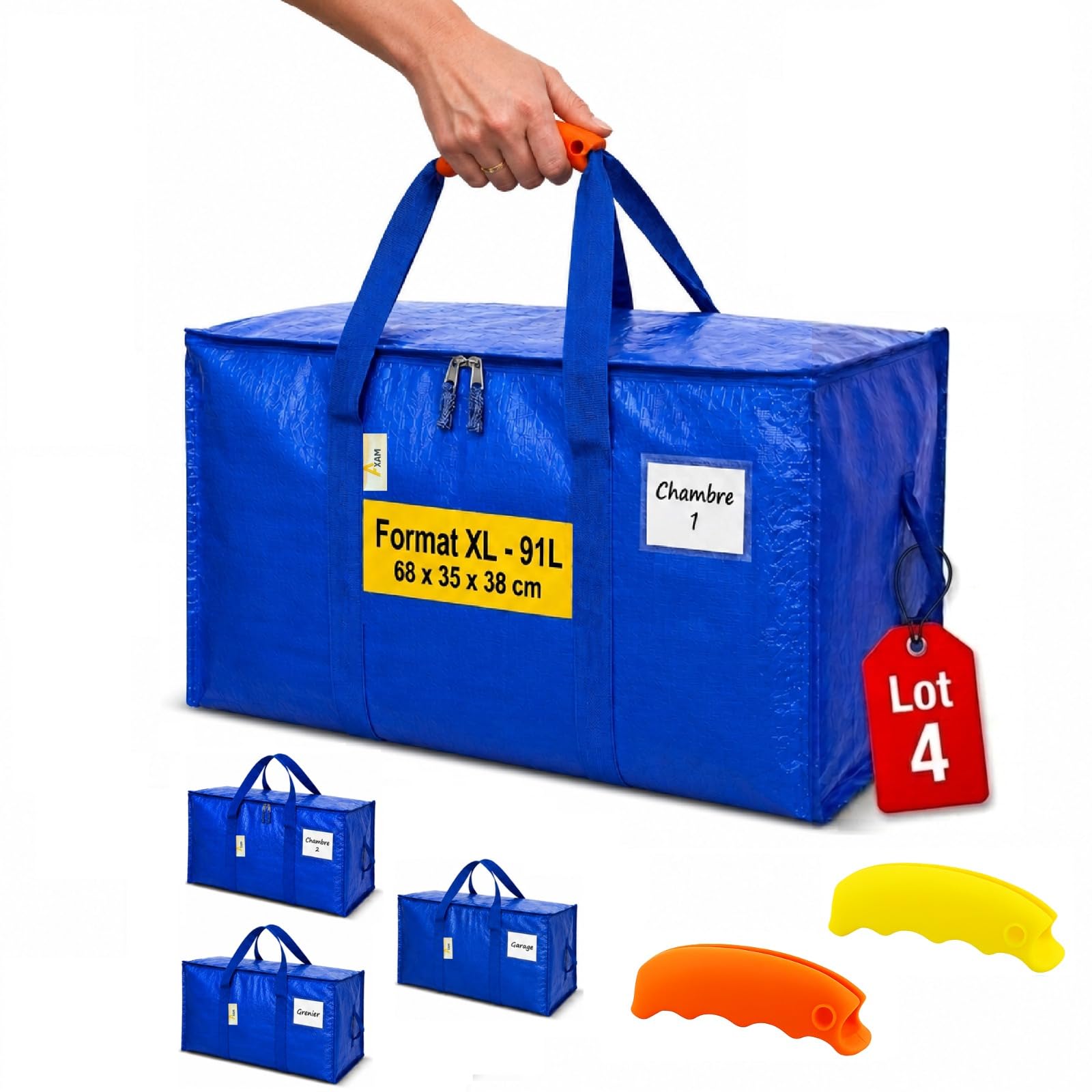 AXAM Sac de Déménagement XL 91 L [Lot de 4] – Sac de Rangement Ultra Résistants avec Poignées Confort en Silicone – Alternative Écologique au Carton – Pliables, Imperméables et Empilables