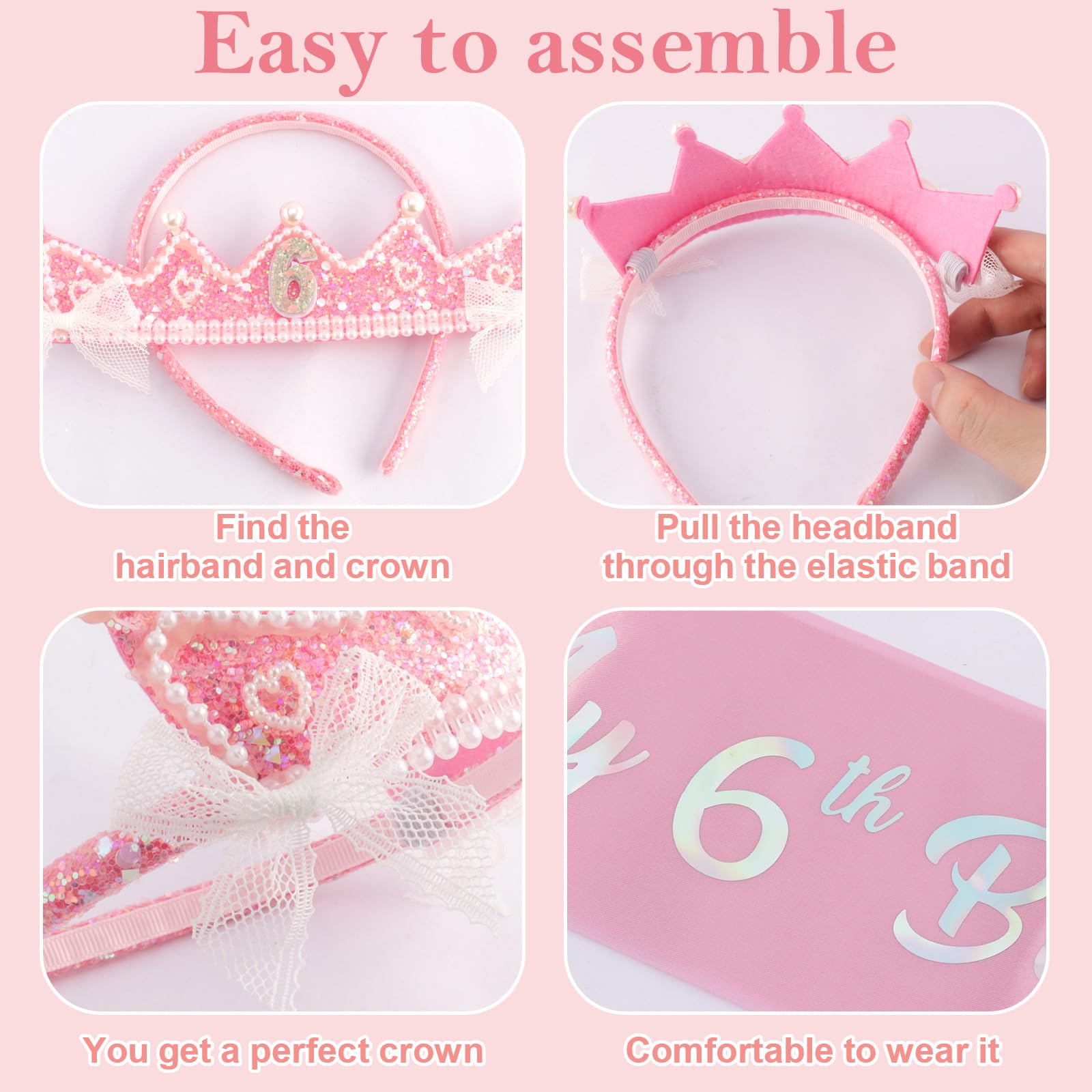 6th Birthday Girl Gift Set - 6th Birthday Sash, Glitter Crown & Cupcake Glasses, 6 Year Old Girl Birthdays Gifts, Princess Birth day Party Decorations for Girls