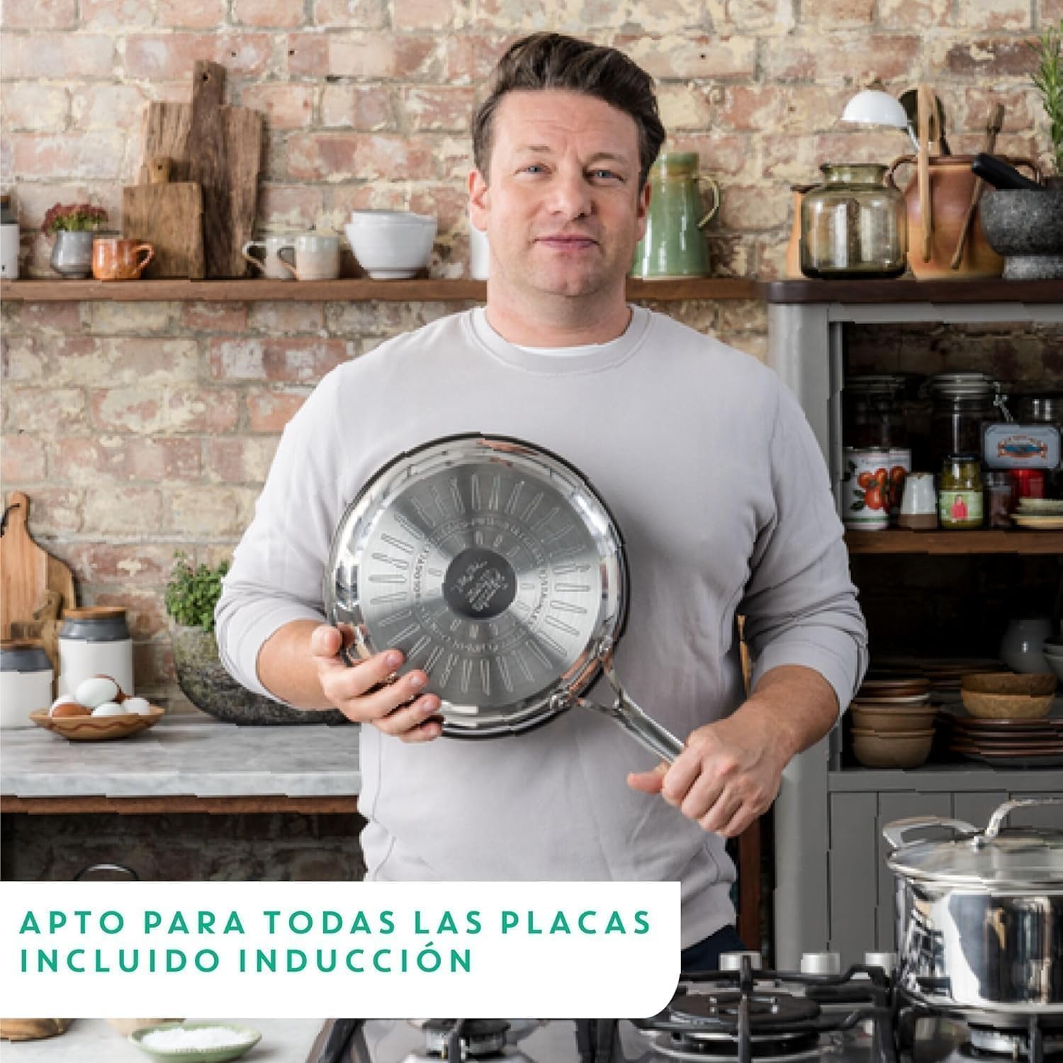 Tefal Jamie Oliver - Juego de 3 Sartenes 20/24/28 cm, Apto inducción, Antiadherente, Revestimiento titanio, Thermo-signal, Apto lavavajillas y horno, Acero inoxidable