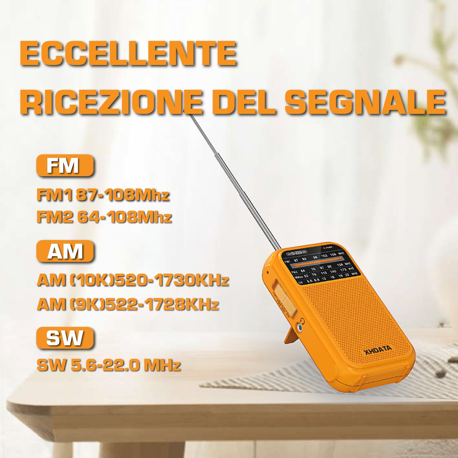 XHDATA D220 Radio Portatile AM FM SW a Pile, Onde Corte, Piccola Ricezione Eccellente (Arancione)