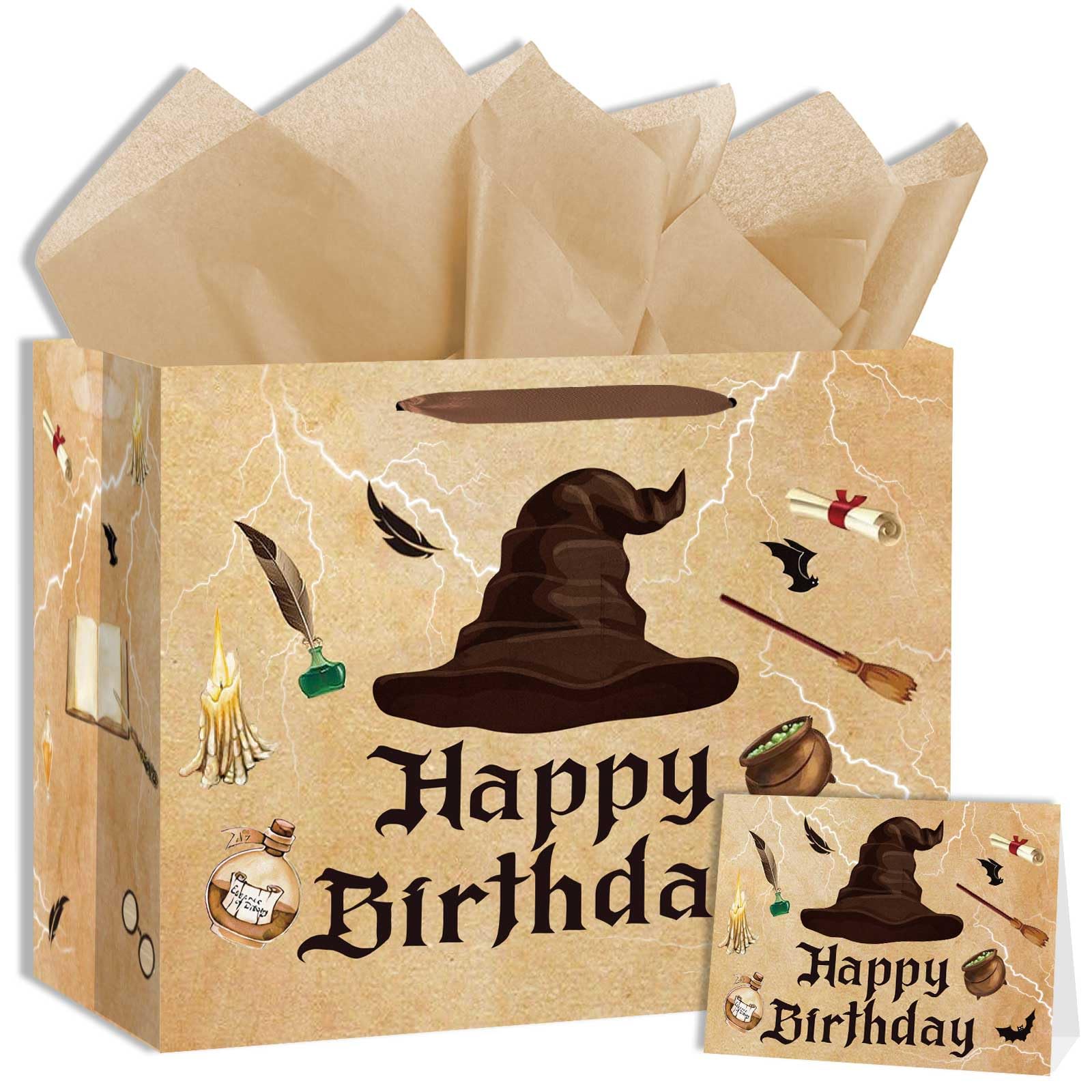 Zliisang Magical Wizard Birthday Gift Bag with Tissue Paper and Greeting Card Magical Hat Birthday Party Favor Bags Wizard Birthday Party Supplies Halloween Party Favors