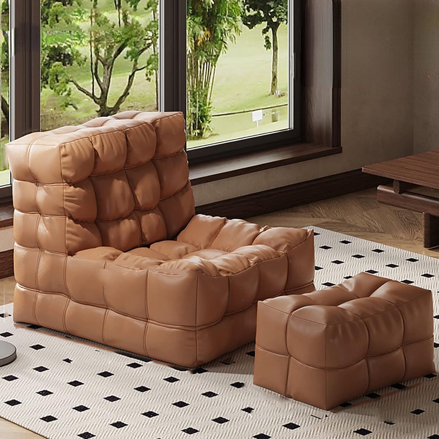 SXBCyan Portable Lazy Beanbag Chair Faux Leather Waffle Pouf Couch Bean Bag Cover Without Filler Puff Chaise Lounge Recliner Sofa Bed Ottoman Sac(2 in 1-Yellow)