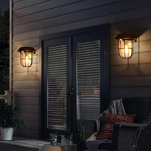 Paquete de 2 faroles solares de pared con sensor de movimiento, luz solar para porche, aplique de pared solar colgante vintage para exteriores, para