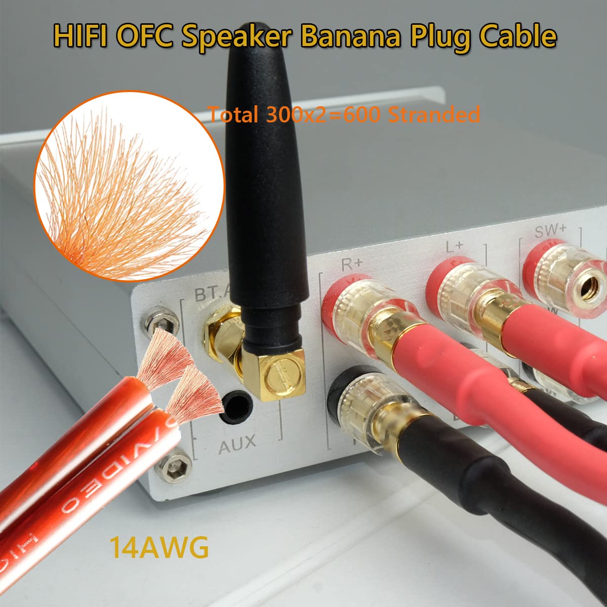 VVFLED 2 Pack 14 AWG Speaker Wire with Banana Plugs, 2x 3m HiFi OFC Speaker Cable with Gold