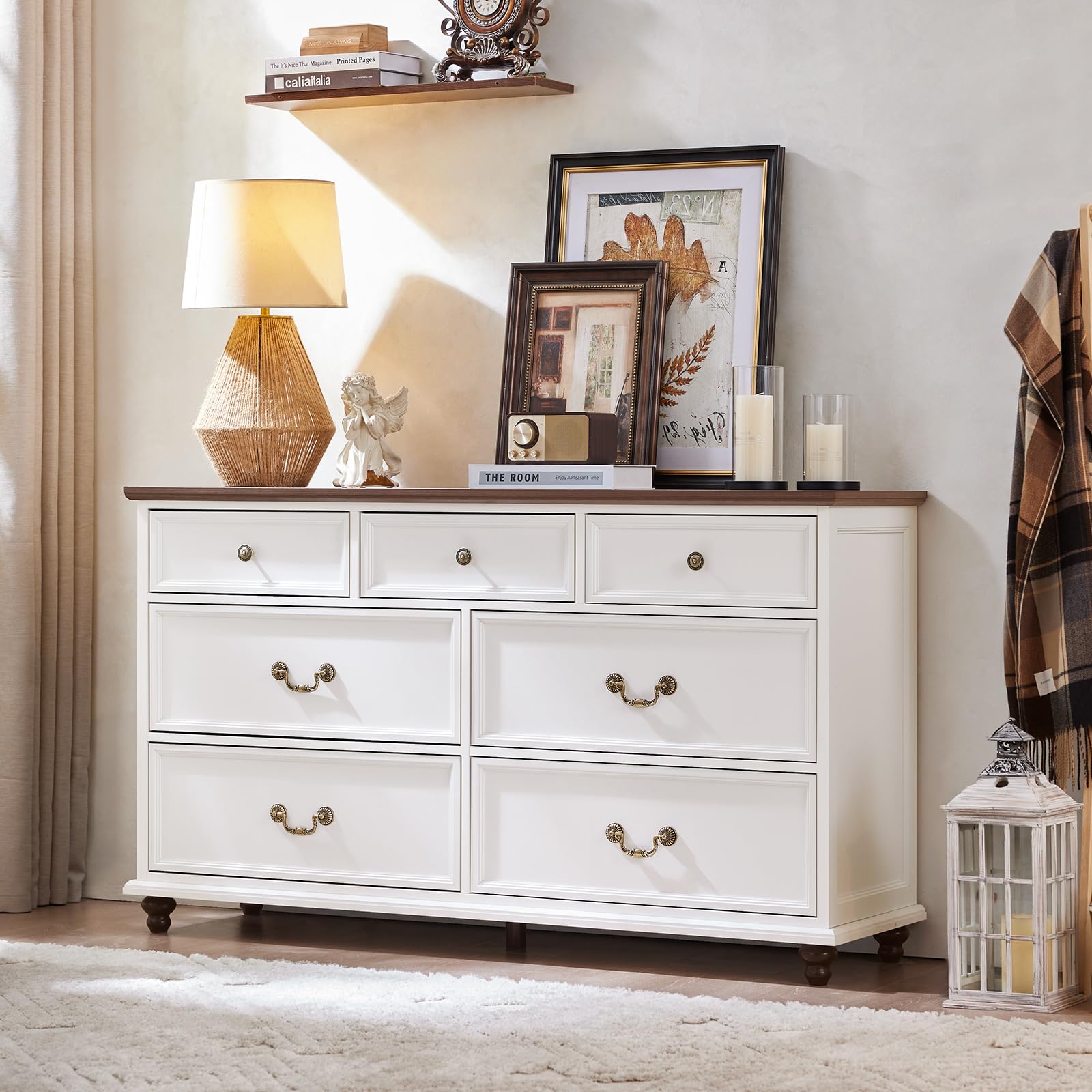 Joaxswe Farmhouse 7 Drawers Dresser for Bedroom, White 54 Inch Wide Chest of Drawers w/ 4 Wooden Legs, Large Vintage Rustic Closet Dressers for Living Room, Wood TV Stand with Storage Organizer