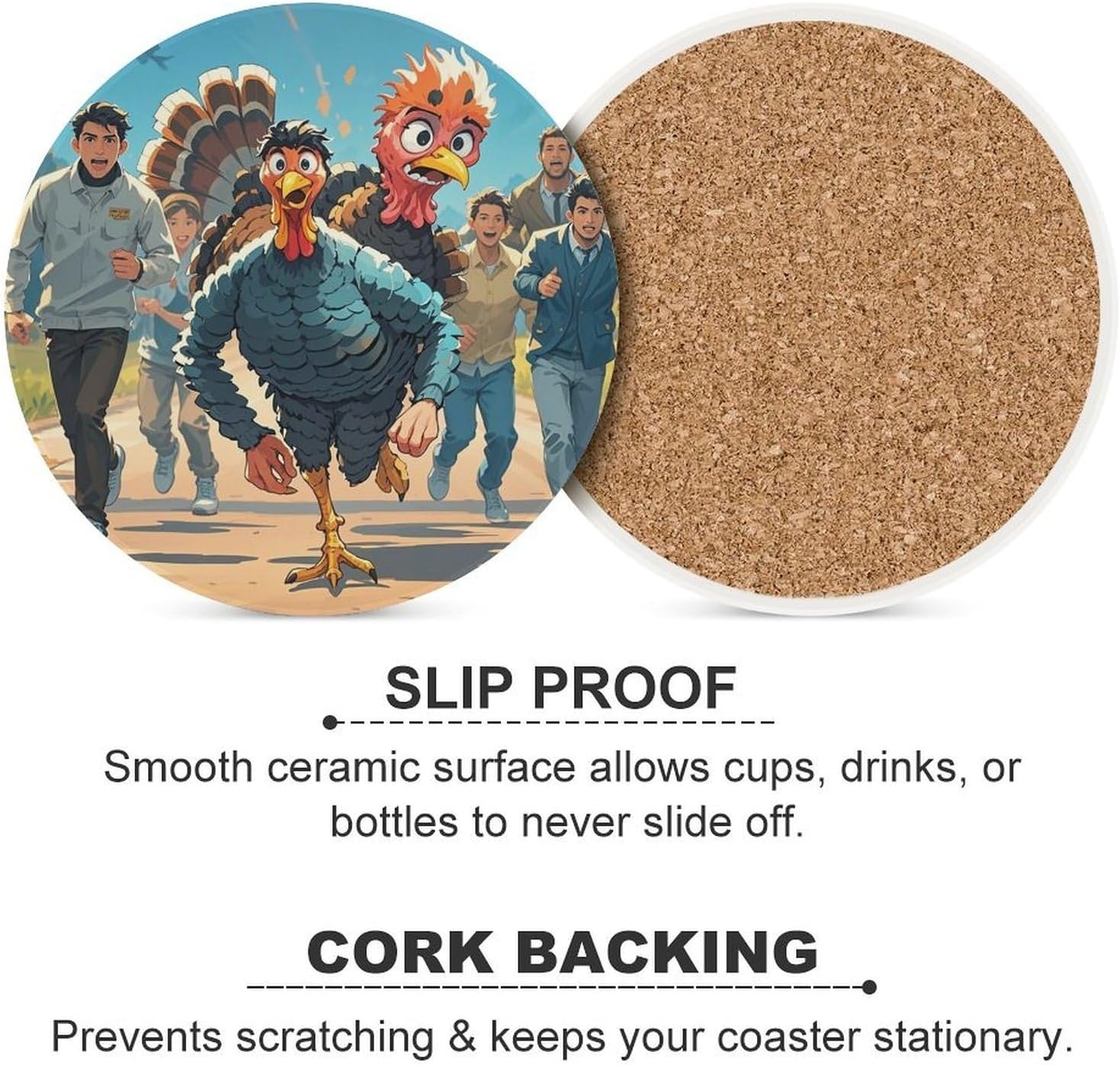 Farm Turkey Coaster with Cork Base Drink Coasters for Coffee Table Decor Modern Cup Coasters with Non-Slip & Heat-Resistant Cute Ceramic Table Coaster for Home Dining