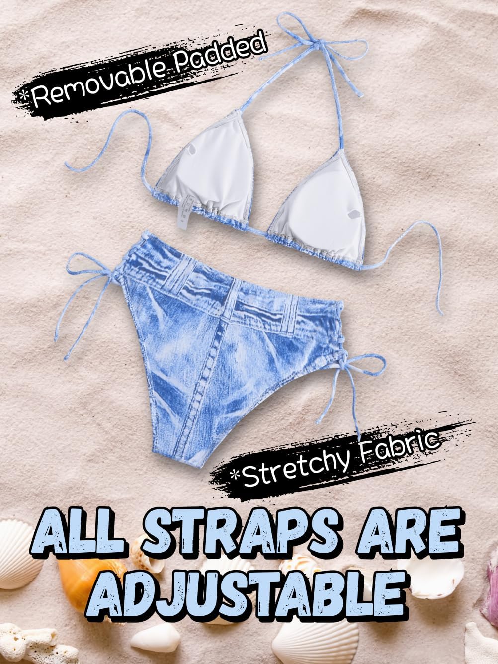 Denim Print Bikini Sets,Side Tie Low Rise String Bikinis,Sexy Two Piece Swimsuit for Women Cowgirl Beach Vacation - Image 5