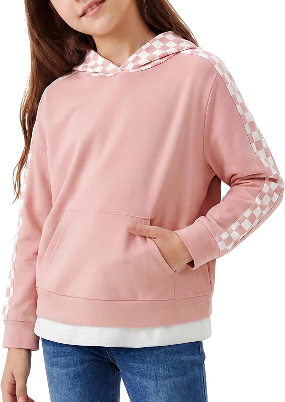 DISAUR Girls Checkered Hoodie Long Sleeve Pullover Sweatshirt Ages 4-12 | No-drawstring hood, checkered trim and kangaroo pocket offer soft stretch for school, sports, dance, travel and daily wear.