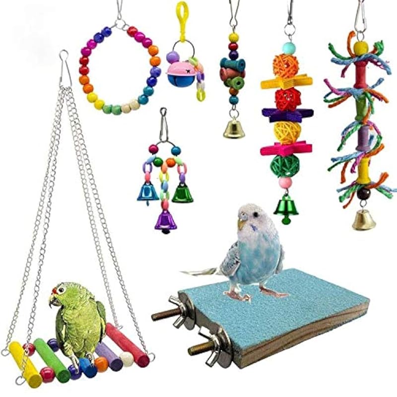 Balanços e Brinquedos de Madeira para Aves Deloky, para Pendurar, Roer e Escalar, Pacote com 8