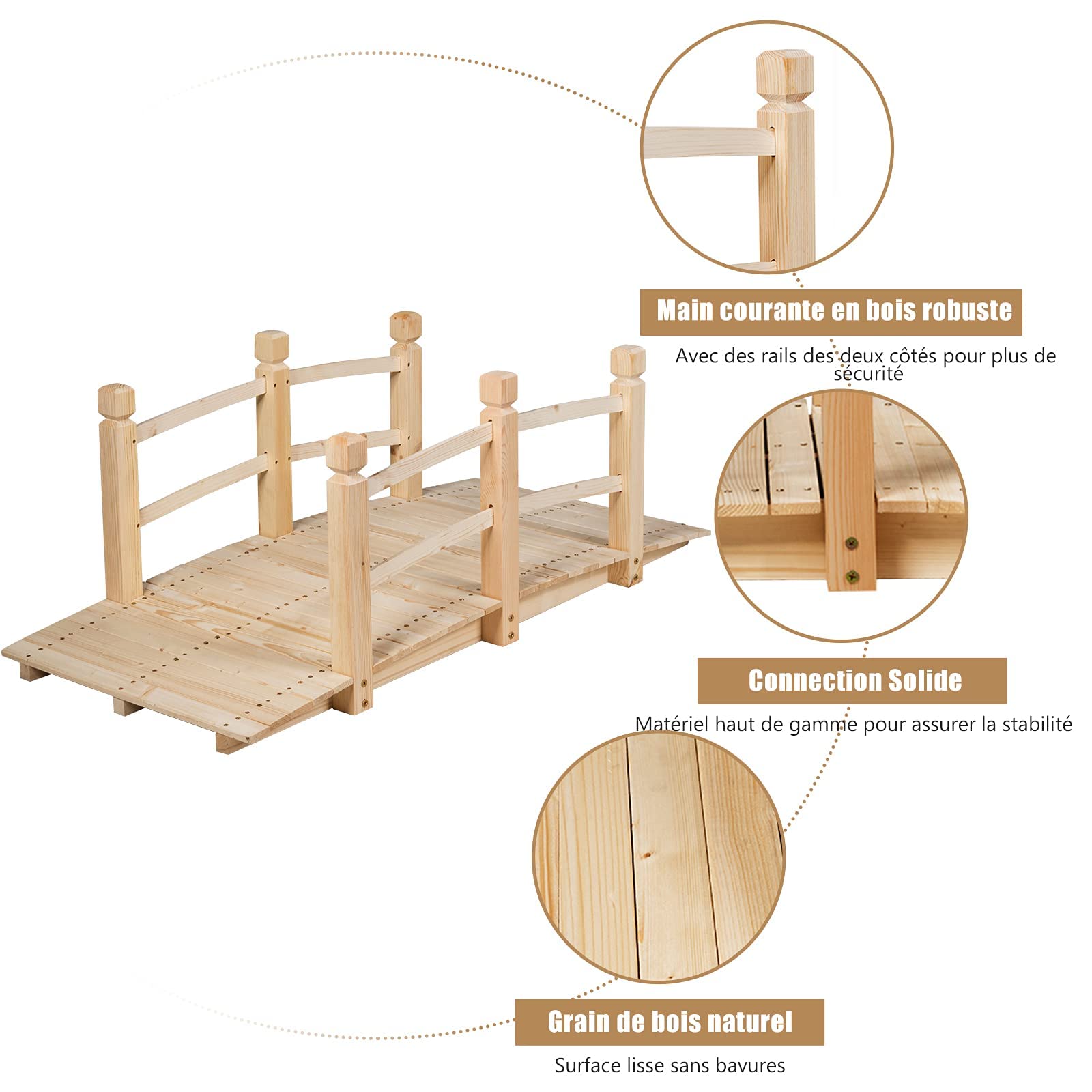 GOPLUS Puente de Madera Rústica y Maciza con Mano Corriente, Decoración de Jardín, Puente de Estanque, Soporta Peso Máximo 100 KG, 150 x 67 x 55 CM, Natural