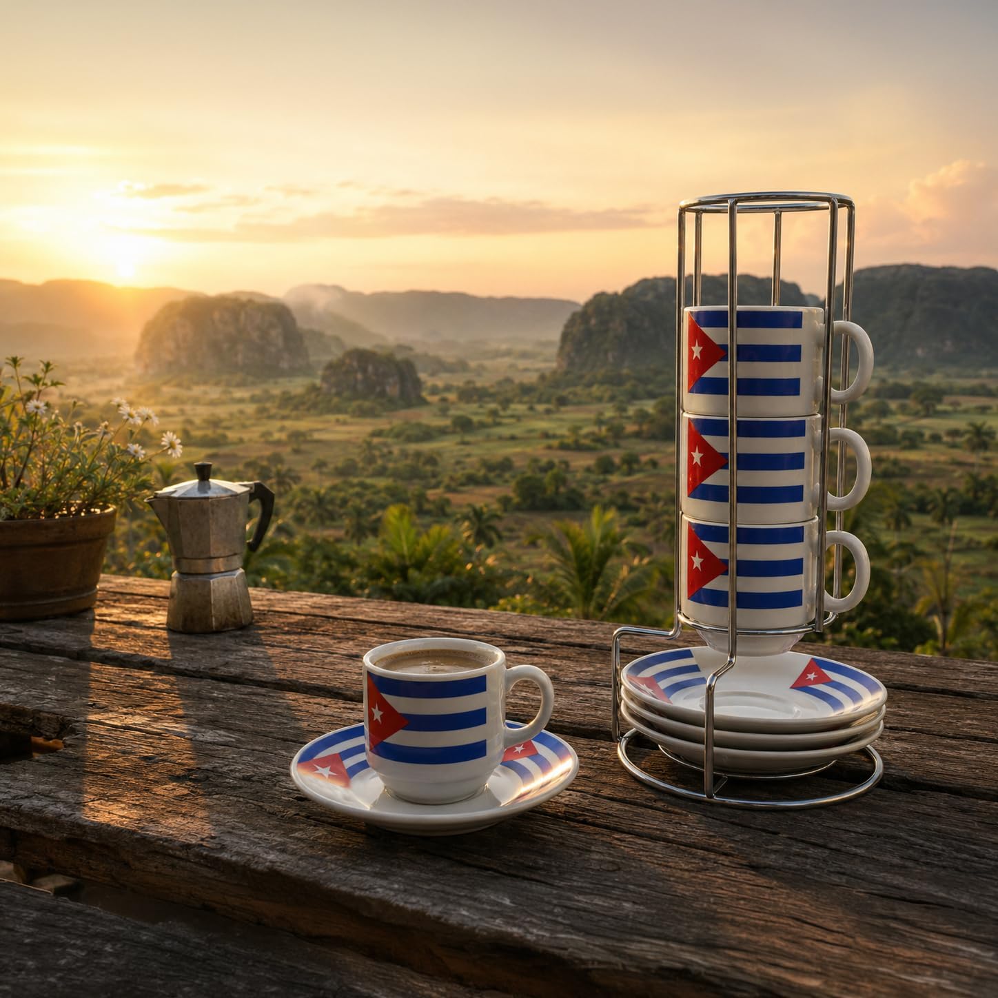 YSSER Cuban Flag 3.0 fl oz Espresso Cup Set, Space-saving Stacking Mug Set 4 Cups and Saucers with Metal Stand