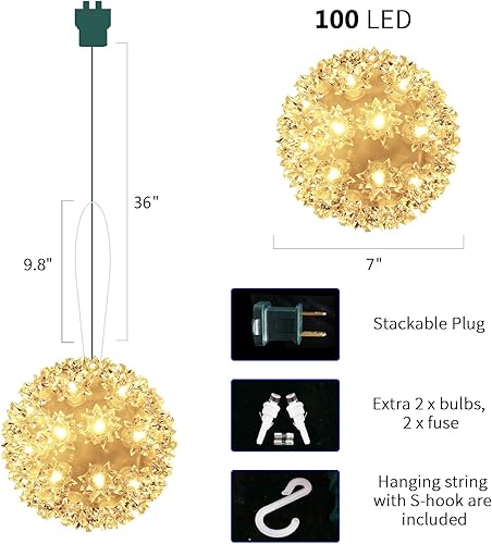 Miniatura 3 de Luces de Navidad de 7 pulgadas brillantes para colgar al aire libre, luces parpadeantes, 100 luces LED de luz estelar, esfera blanca cálida, suave,