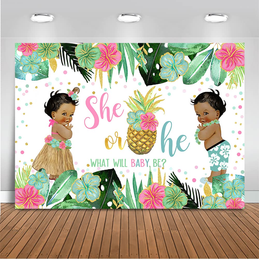 Tropischer Gender Reveal Hintergrund 2,2x1,5 M - Hawaii-Luau Mit Ananas, Palmen In Rosa & Grün