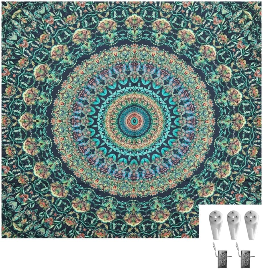 Hopodix Green Peacock Mandala Tapestry, Wall Hanging Tapestry for Party, Festival, Bedroom, Living Room Decoration(58×79inches)