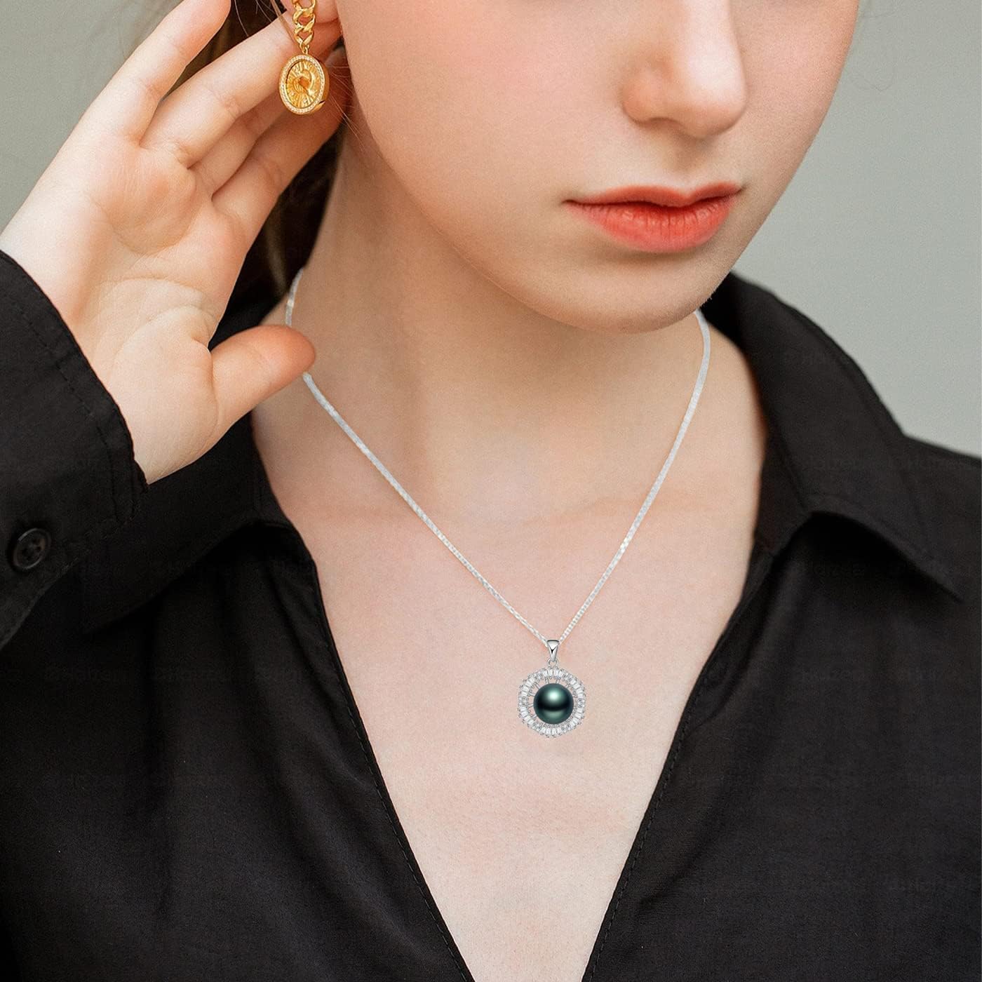 NONNYL Real Tahitian Black Pearl Pendant Necklaces for Women & 10.8mm Round 18K Gold Plated 925 Sterling Silver - Fine Jewelry Gifts for Women Wife Mom Daughter