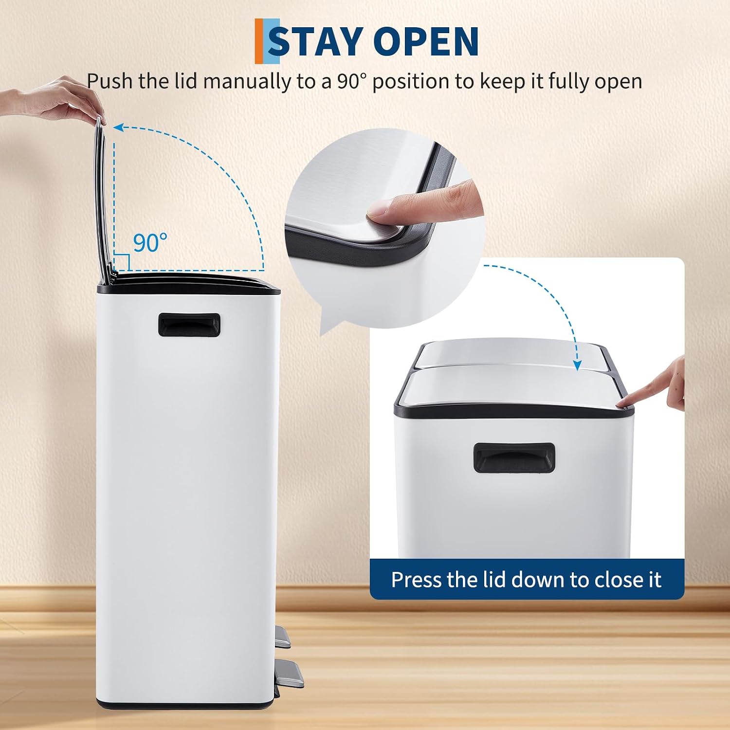 GarveeHome Kitchen Trash Can with Lid, 2 x 8 Gallon Stainless Steel Garbage Can with Recycle Bin, Dual Compartment Trash Bin with Independent Pedals and Plastic Inner Buckets, White