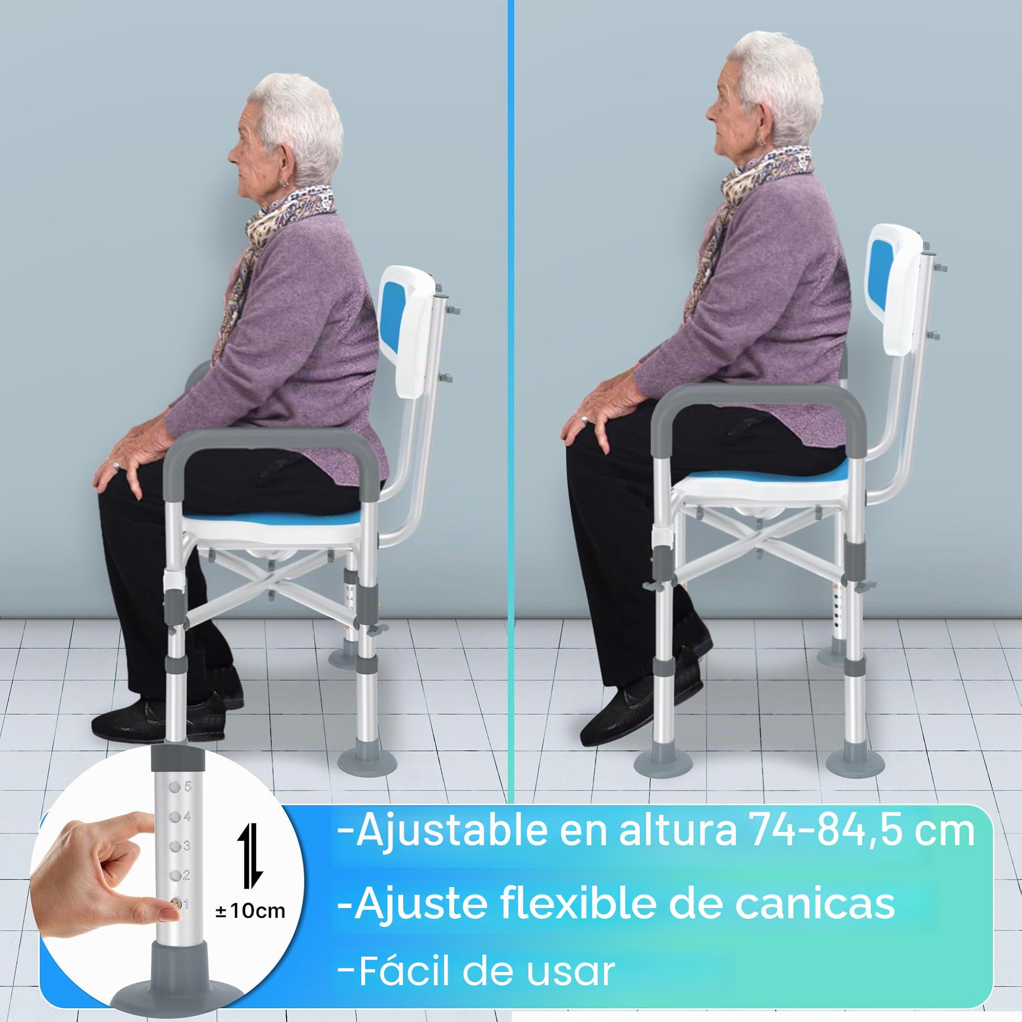 LARS360 Silla de Ducha para Personas Mayores, Taburete Ajustable en Altura con Corte Higiénico, Respaldo y Reposabrazos, Silla Antideslizante, Capacidad Máxima 200kg