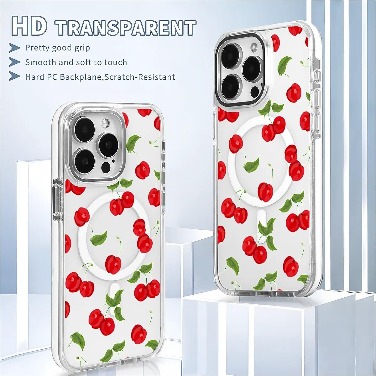 TAMEFOX for iPhone 15 Clear Case, Campatible with Magsafe,Fresh Red Cherry Soft TPU Slim Magnetic for Women Girl Protective Case for iPhone 15-6.1 Inch (White)