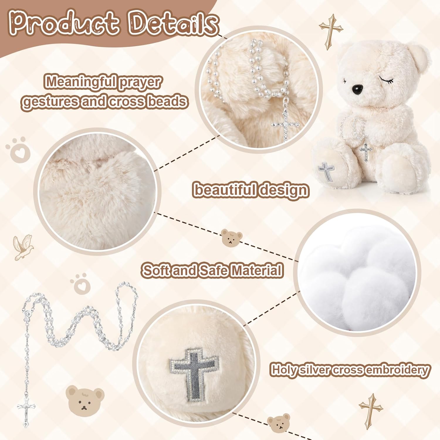 MiniInflat Blessed Plush Bear 10 Inches with Rosary Set Dedication and Baptism Gifts for Girl Boy First Communion Catholic Christening Gifts for Girls Plush Toy Praying Plush Animal, Bear