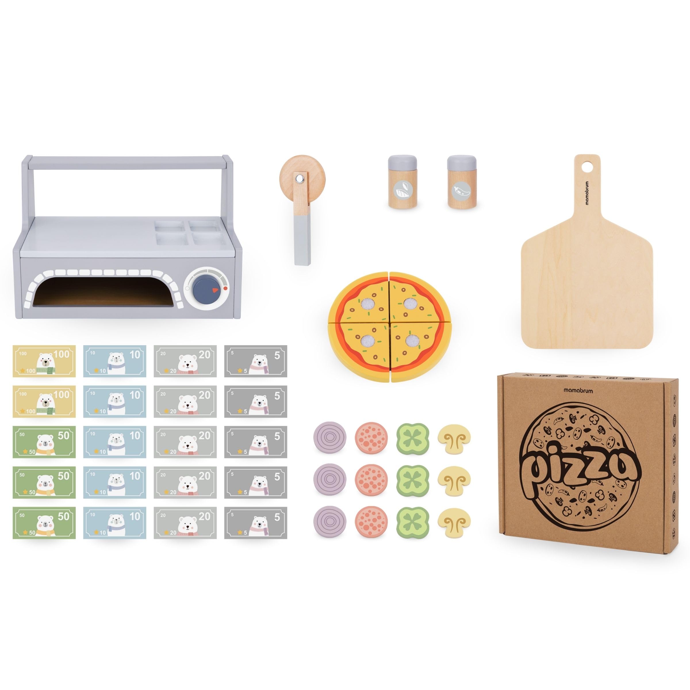 Mamabrum Set de Cuisson Pizza en Bois - Four, Morceaux de avec Velcro, Spatule, Coupe-Pizza - Jeu de Rôle Cuisine Italien 28,5 cm - Jouet Éducatif 3+ Ans (7 Pièces)