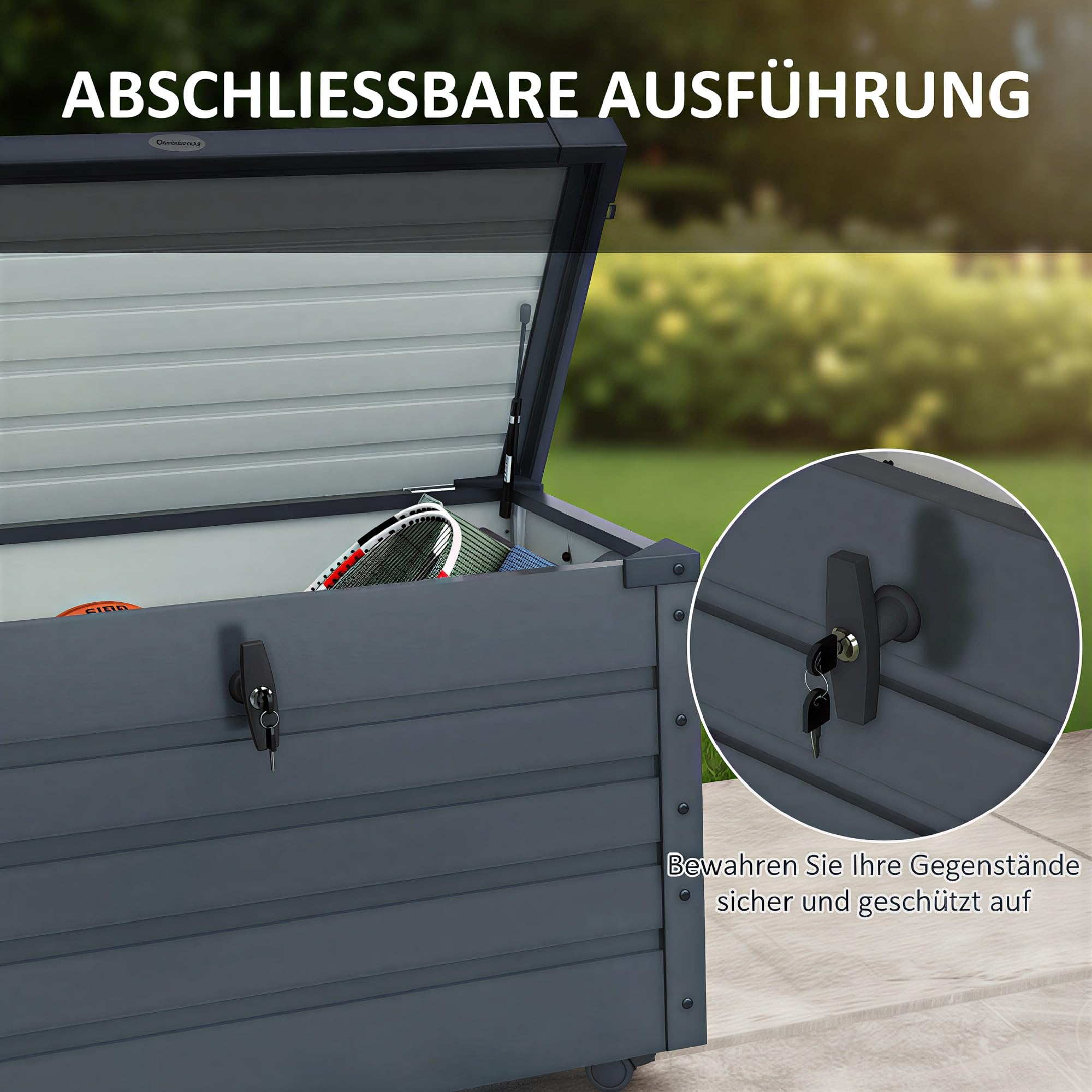 Outsunny Gartenbox Metall 295 Liter Wasserdicht 100 x 62cm Dunkelgrau | Abschließbar, Mit Griffen und Rollen, Auflagenbox, Gartentruhe, Outdoor Wetterfest, Für Balkon Garten, Kissenbox
