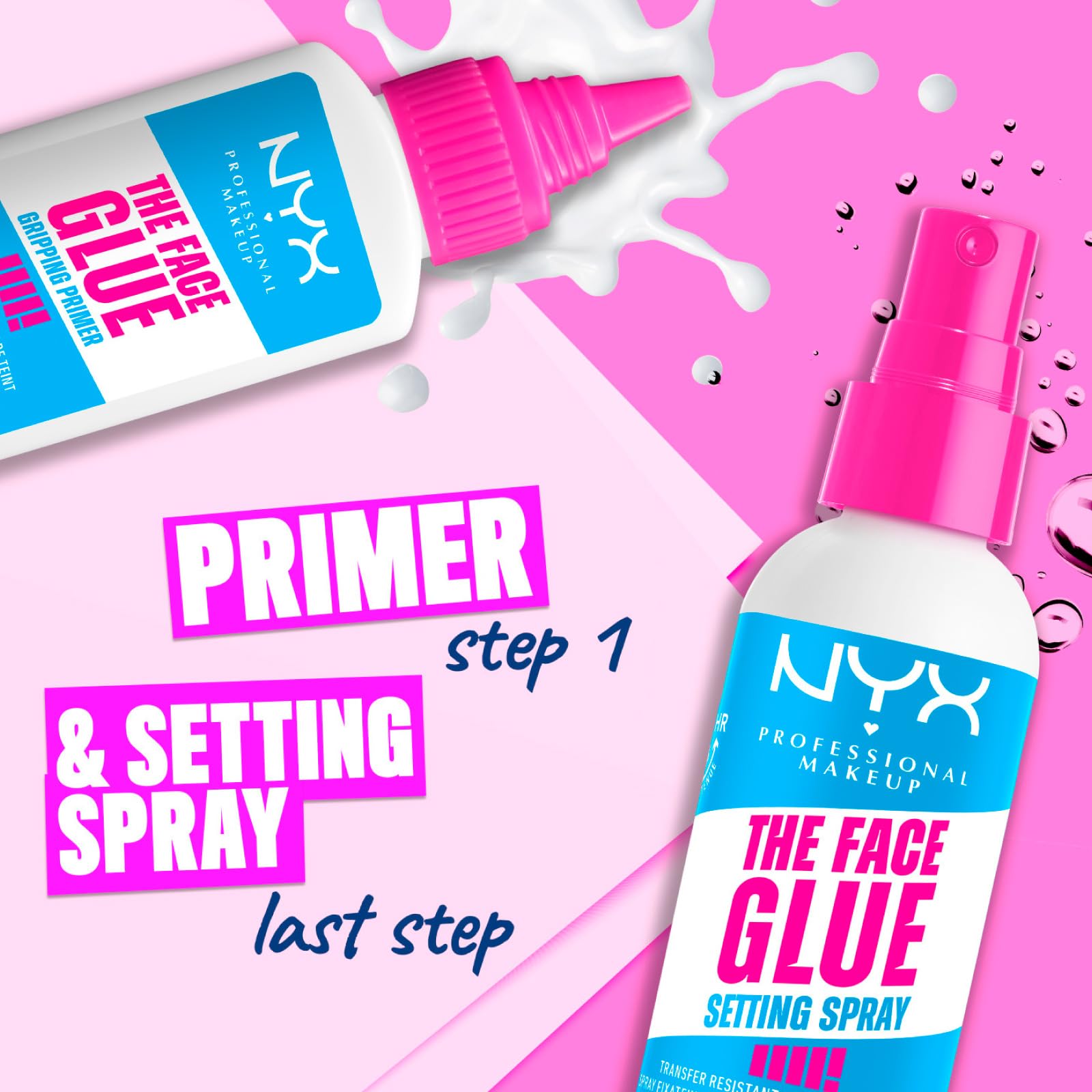 NYX Professional Makeup The Face Glue Setting Spray Fissante Trucco No Transfer Waterproof da 60ml + Gripping Primer Base Trucco Idratante da 35ml + The Brow Glue Gel Sopracciglia da 5ml - Set da 3
