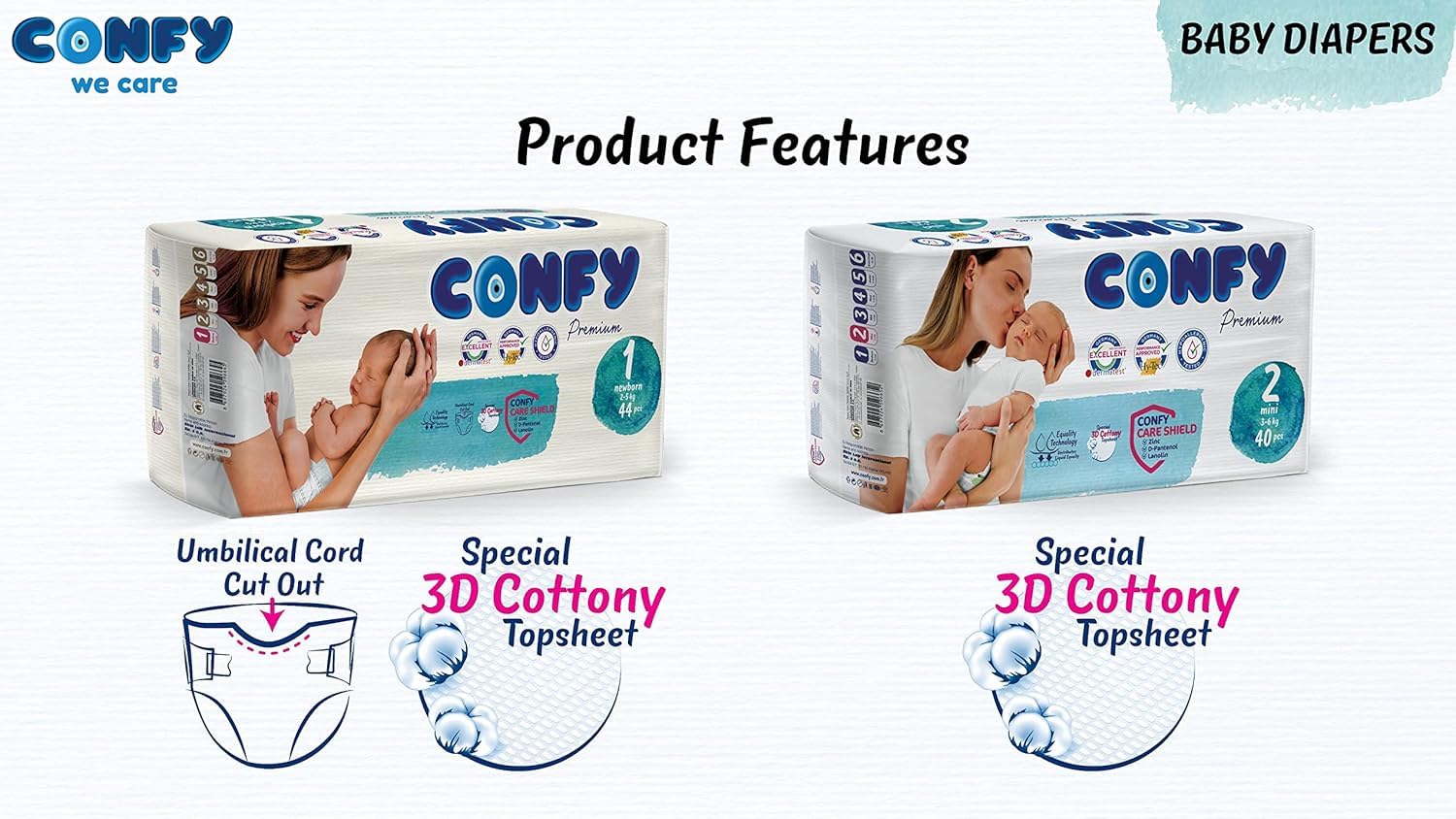 Confy Premium Yenidoğan Bebek Bezi 1 Numara | 2-5 kg | 70 Adet | Ekonomik Paket