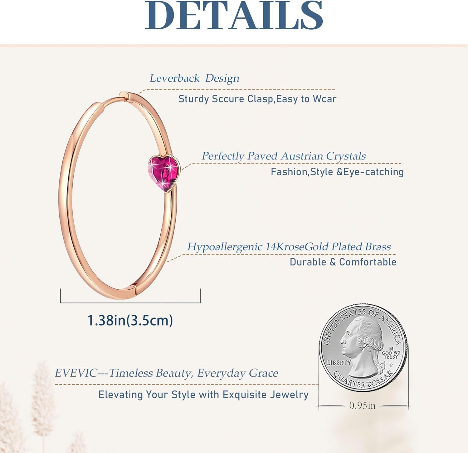 EVEVIC Trendy Austrian Crystals Heart Hoop Earrings for Women 14K Gold Plated Hypoallergenic Hoops Earring Jewelry Gift - Image 5