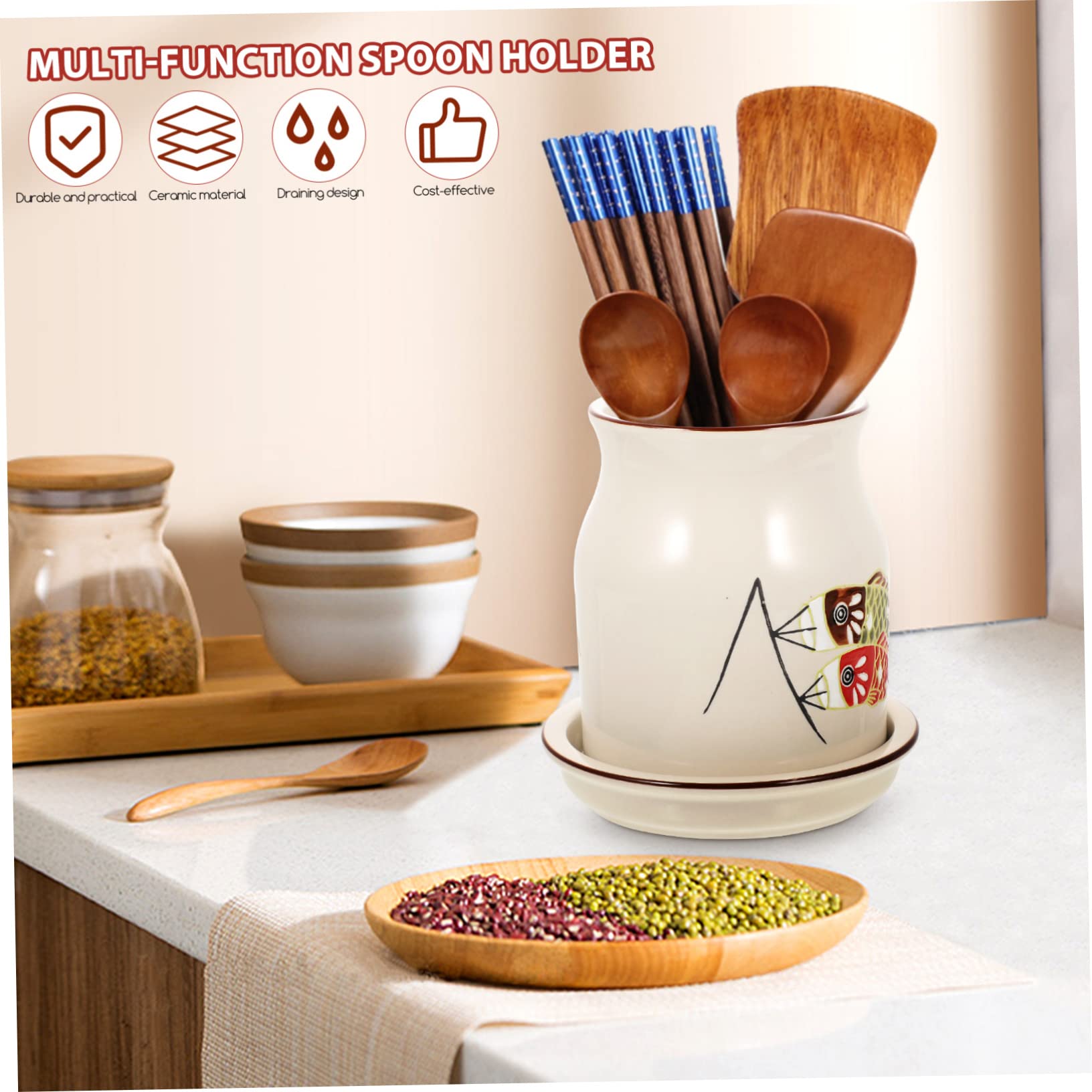 Cabilock Porte-Couverts en Céramique Ustensile en Porcelaine Pot à Ustensiles en Céramique Coutellerie Porte- Titulaire De L'argenterie Ustensiles De Cuisine Usage Quotidien