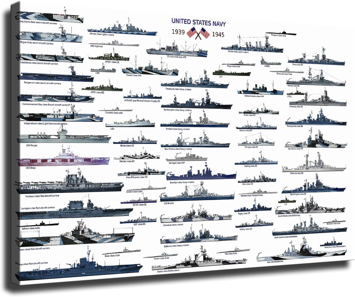 ZerAphUS Navy Battleship United States of America WW2 Military Collection Poster Canvas Print Wall Art Modern Classroom Bedroom Room Aesthetics Decoration Boys Women Gift (12x18inch-Framed)