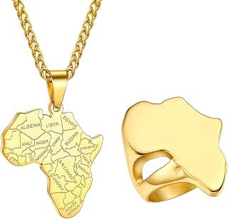 Gold Map Necklace Rings Bundle for Men Women, Gold African Country Map Necklace Vintage Style Africa Map Rings Sets Hip Hop Jewelry(Gift Box)