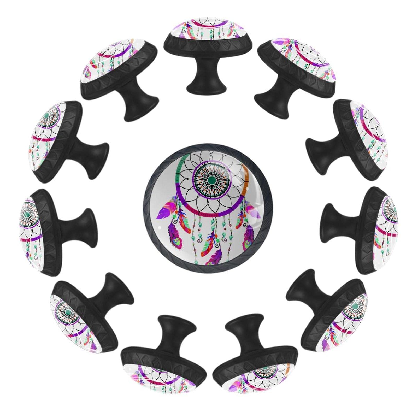 Poignées de meuble attrape-rêves violet avec bouton noir rond pour placard
