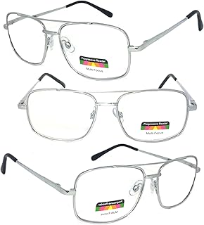 VeryHobby Rectangular Metal Frame Spring Hinges Multi 3 Focus Progressive Reading Glasses (+1.50, Silver)