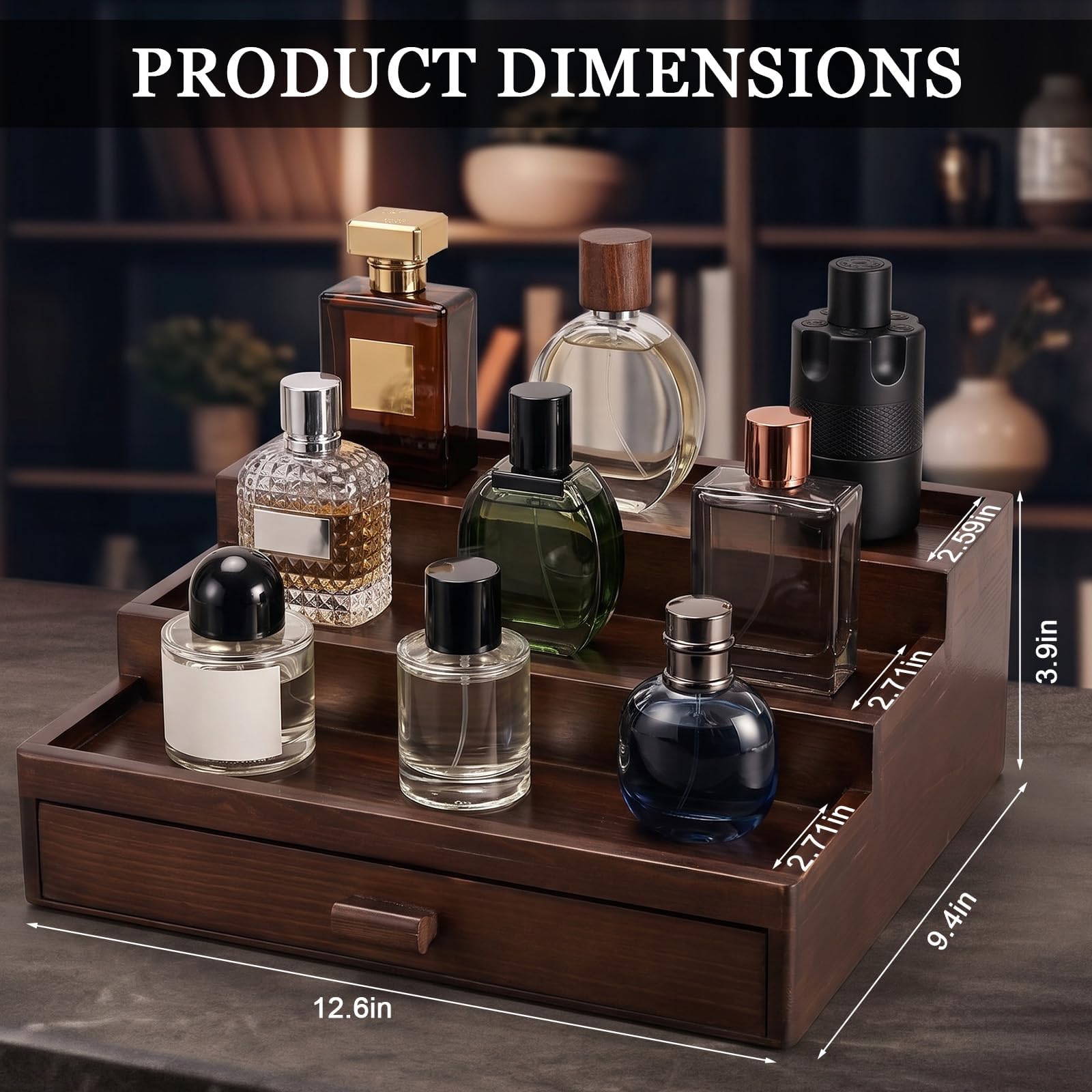 3 Tier Wooden Cologne Organizer with Drawer and Hidden Compartment