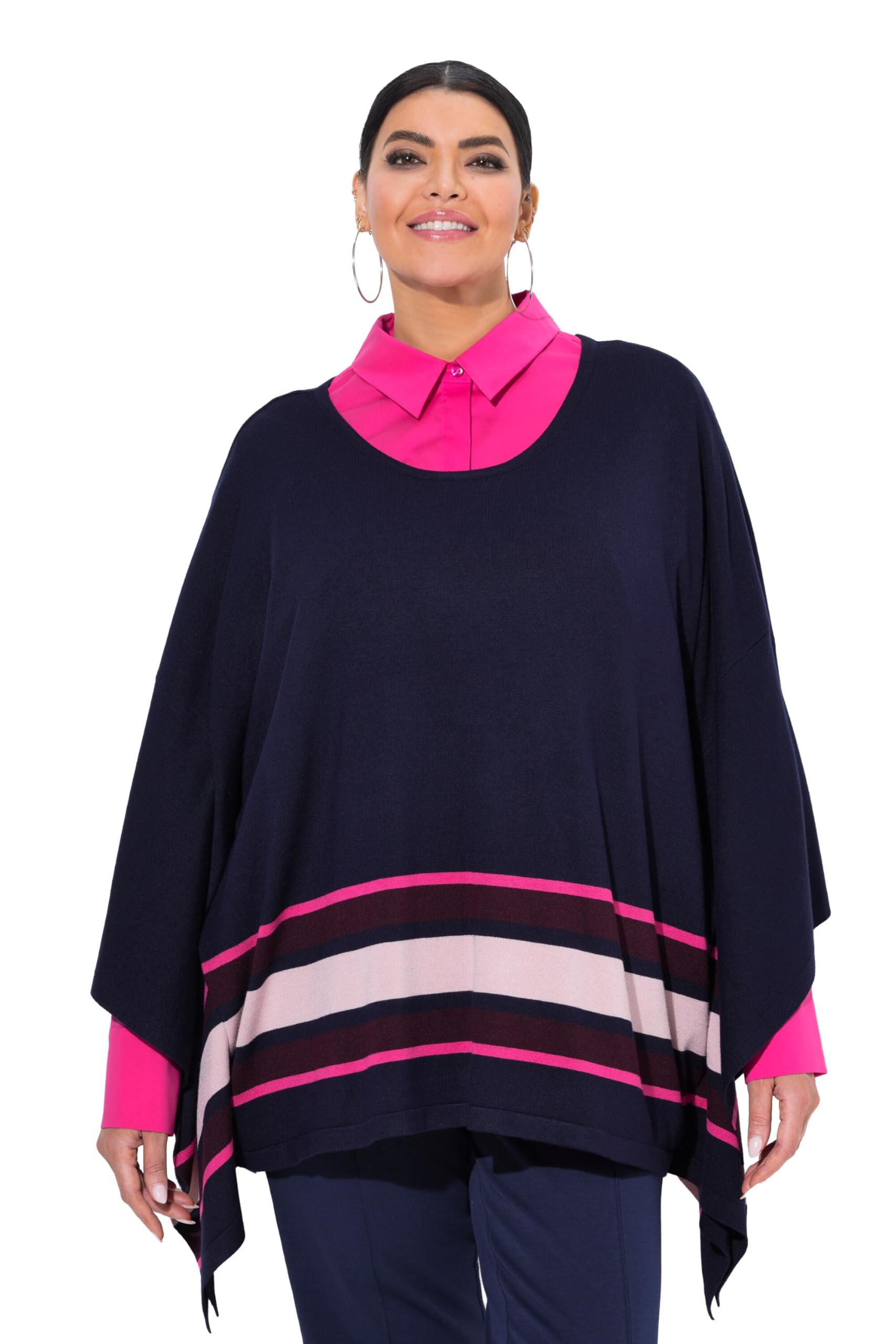 Ulla Popken Damen große Größen Übergrößen Plus Size Strick-Cape, Streifen, Oversized, Rundhals, Langarm 841703