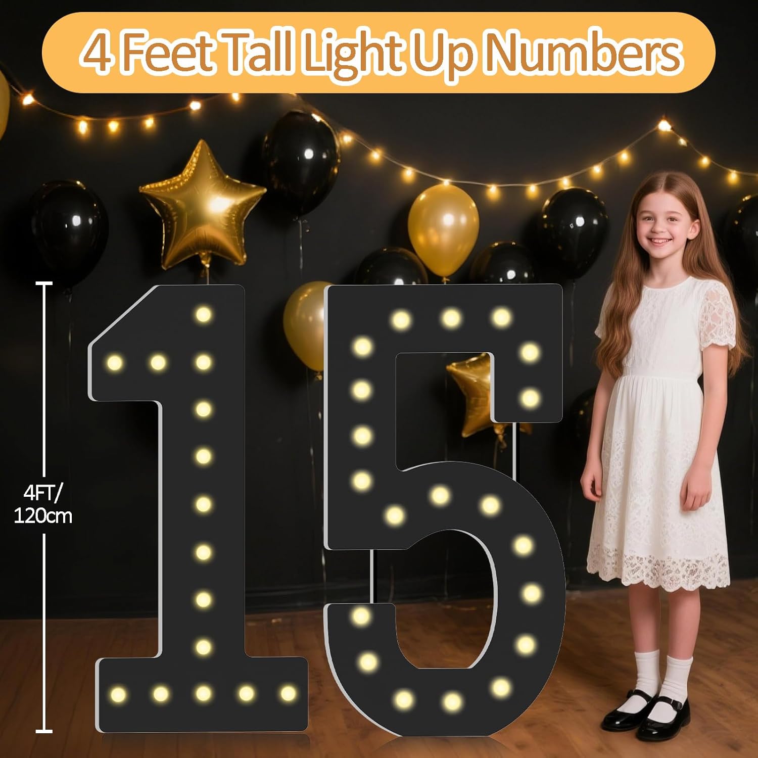 Marquee Numbers Black,15th-Birthday Decorations,Large 4FT Light Up Number 15 Birthday Decoration for Boy Girl Fifteen Year Old Birthday Decor Party Weddings Anniversary Cardboard Big Mosaic - Image 2