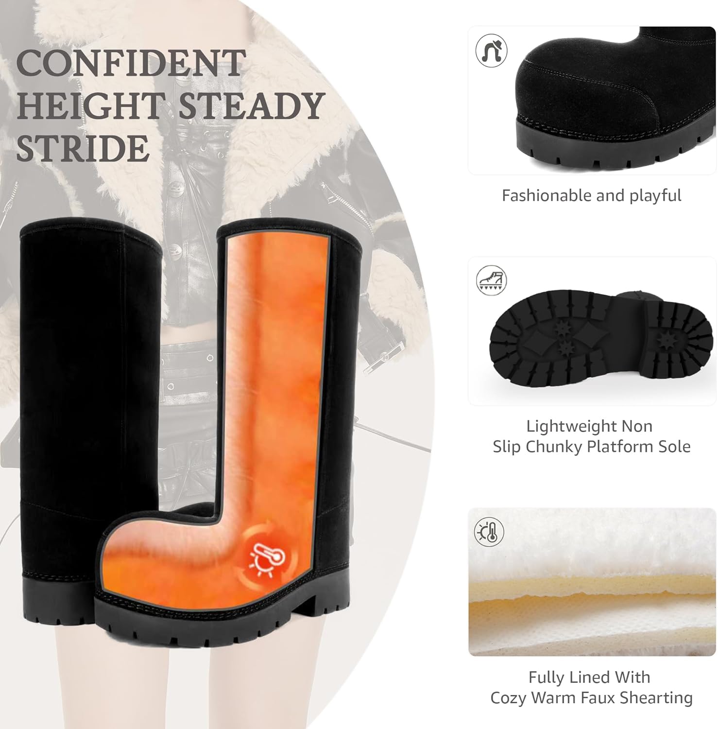 Fur Tall Winter Platform Boots Snow Boots for Women with Suede Slip On Non Slip Chunky Sole and Knee High Faux Fuzzy Lining - Image 4