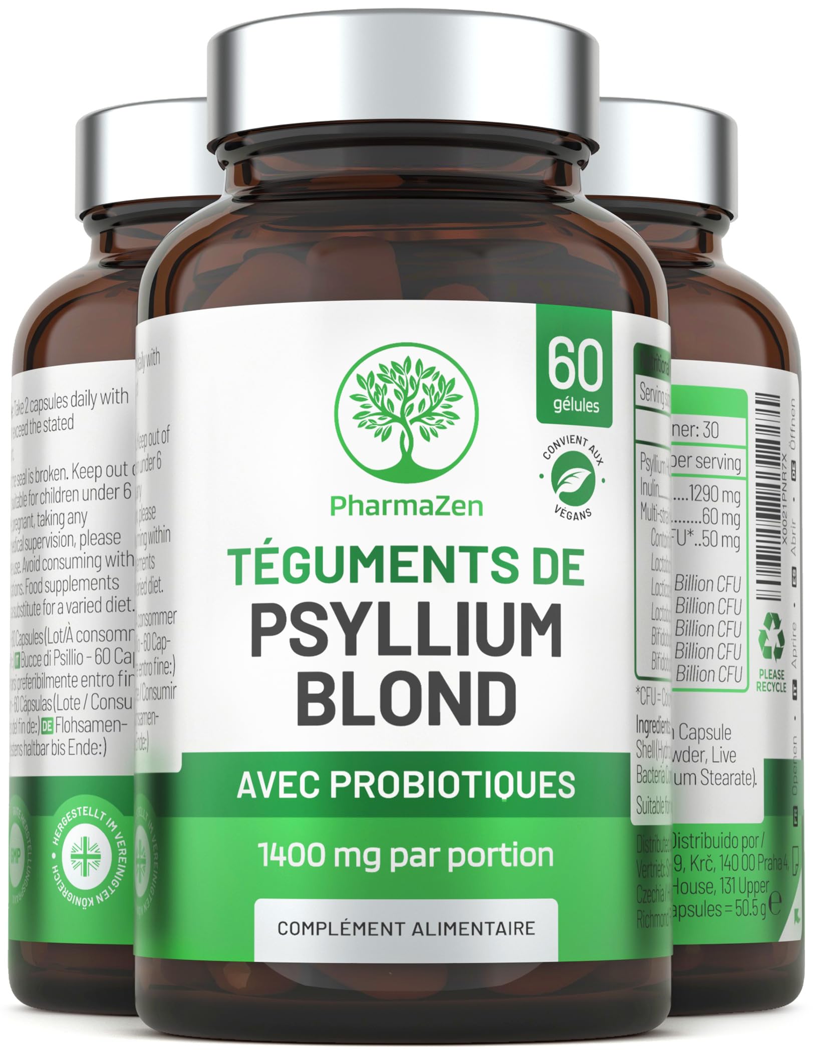 Psyllium Blond avec Probiotiques 1400 mg - Téguments purs à 99% - 60 gélules - Transit, Digestion, Fonction Intestinale - Fibres alimentaires avec Psyllium Husk & Complexe Probiotique 6 Milliards