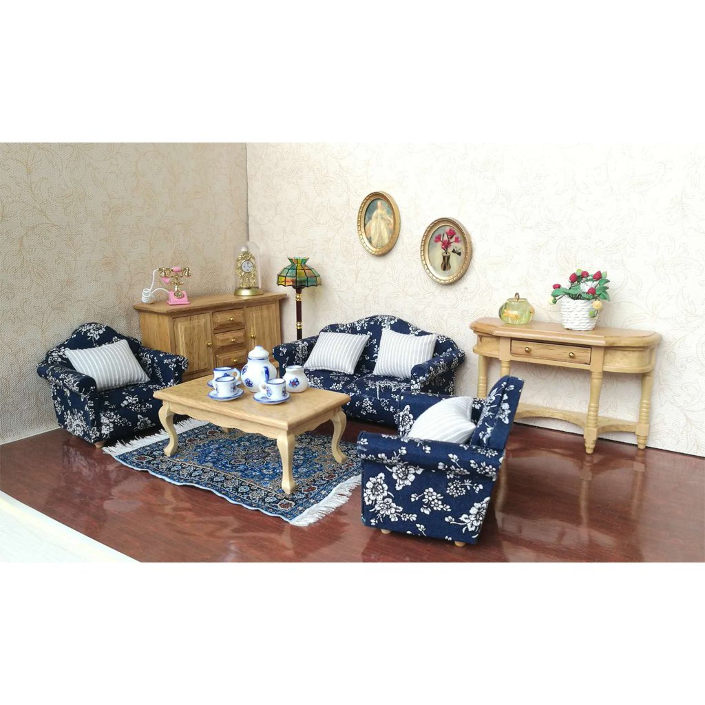 Juego de 3 juegos de 3 juegos de 1/12 muebles de casa de muñecas para sofá y sofá, kit de cojines con patrones de flores